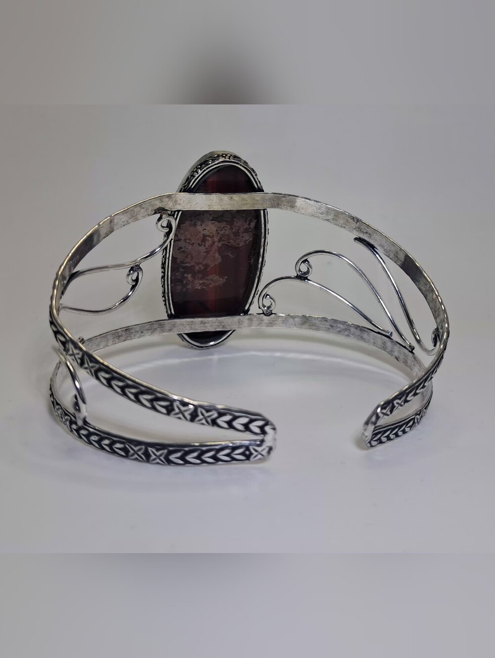 Vintage 925 Sterling Silver Red Tiger's Eye Oval Statement Cuff Bracelet - Picture 7 of 11